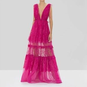 Alexis Umbria Fuchsia Pink Lace tiered Maxi Gown Medium